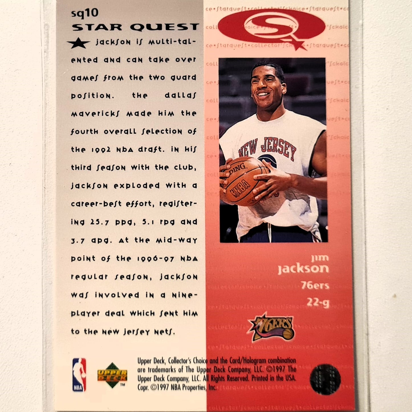 Jim Jackson 1997 Upper-Deck Star Quest SQ10 NBA Basketball new jersey nets/76ers Excellent Sleeved