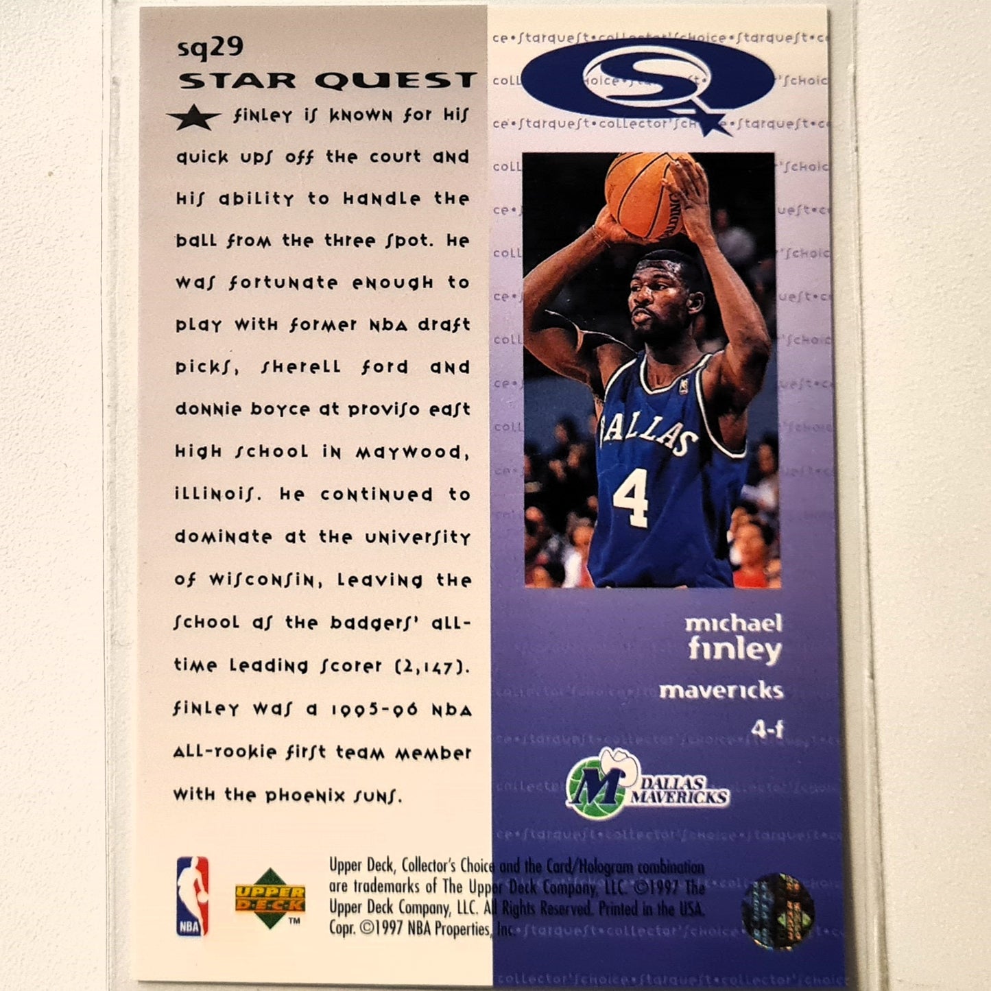 Michael Finley 1997 Upper-Deck Star Quest SQ29 NBA Basketball Dallas Mavericks Excellent Sleeved