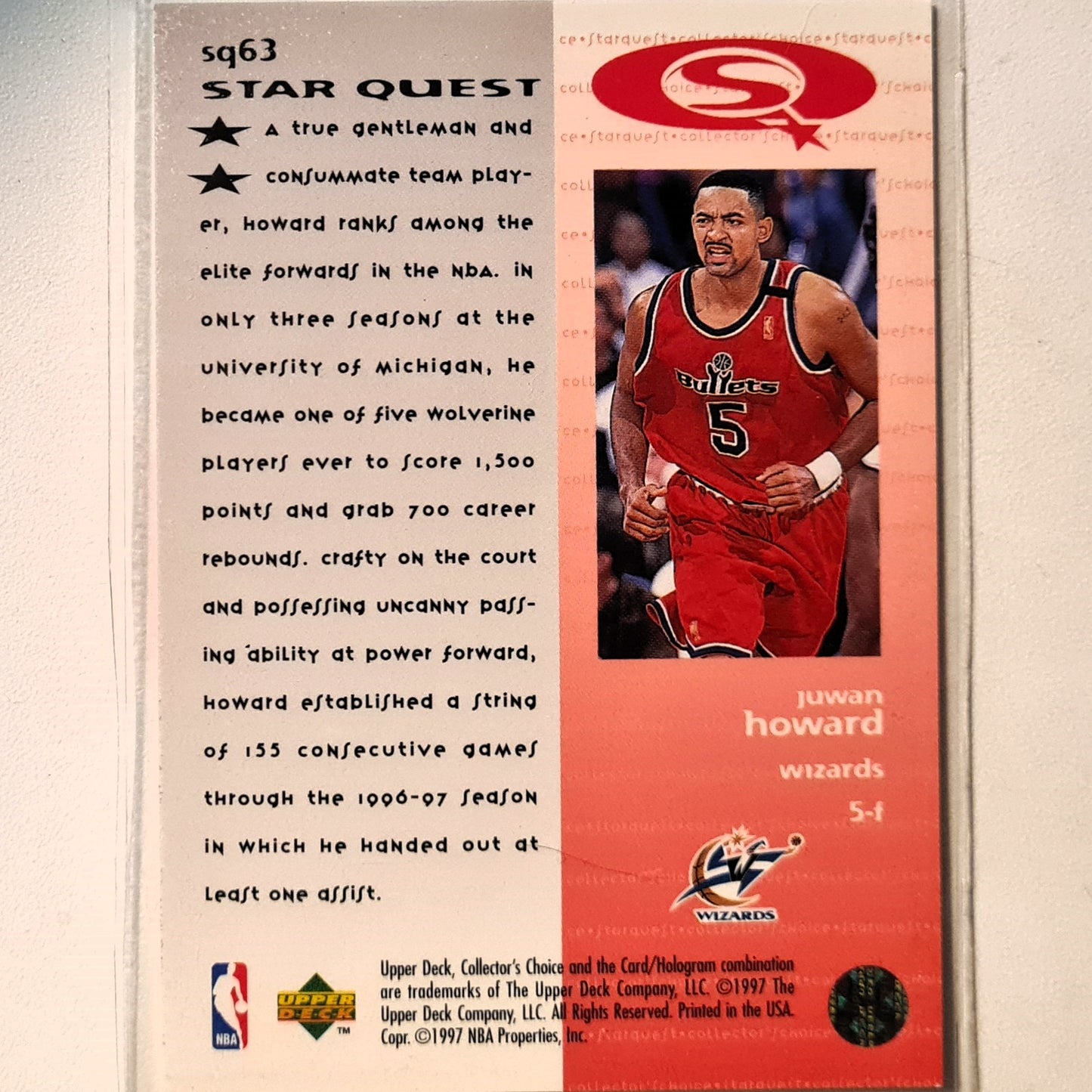 Juwan Howard 1997 Upper-Deck Star Quest SQ63 NBA Basketball Washington Bullets Excellent Sleeved