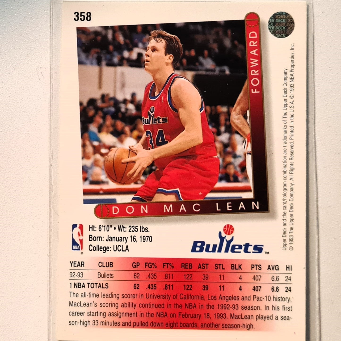 Don Mac Lean 1993 Upper Deck #358 NBA Basketball Washington Bullets Sleeved