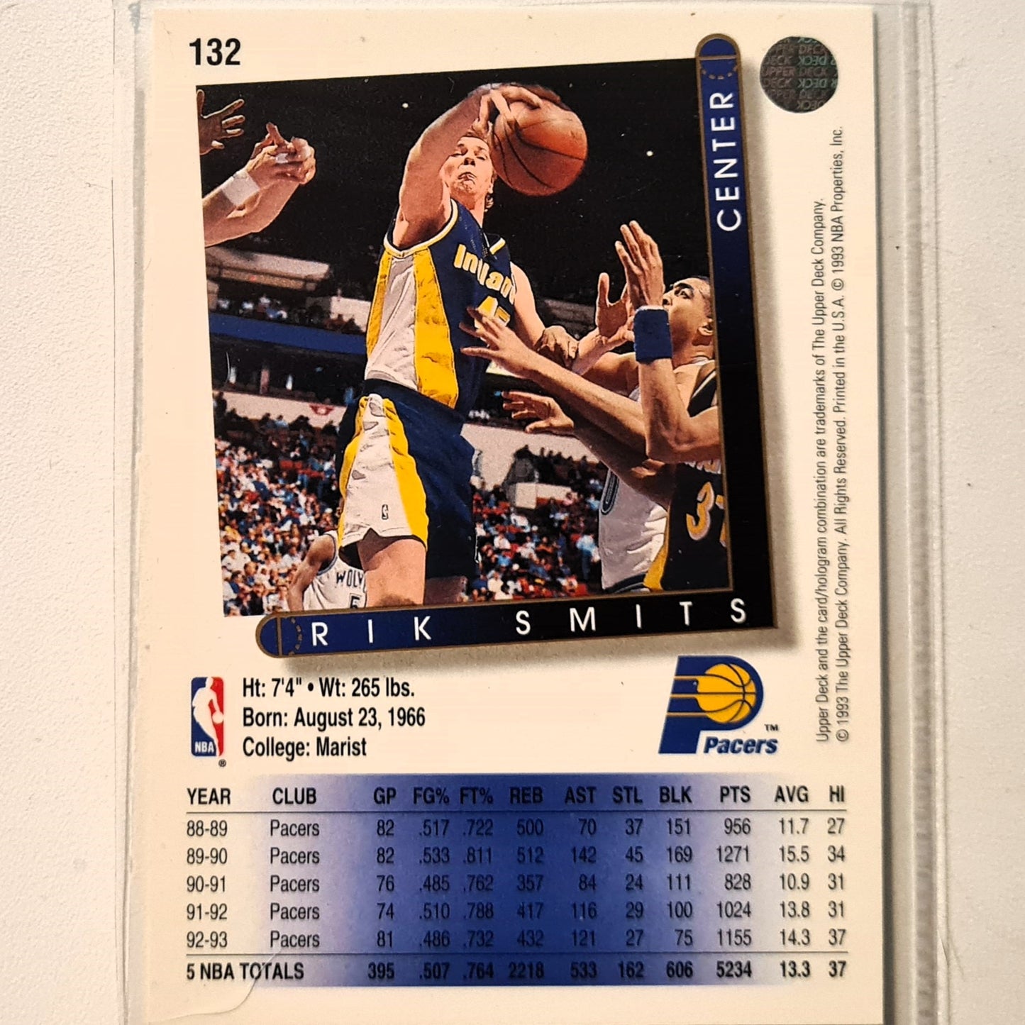 Rik Smits 1993 Upper Deck #132 NBA Basketball Indiana Pacers Excellent Sleeved