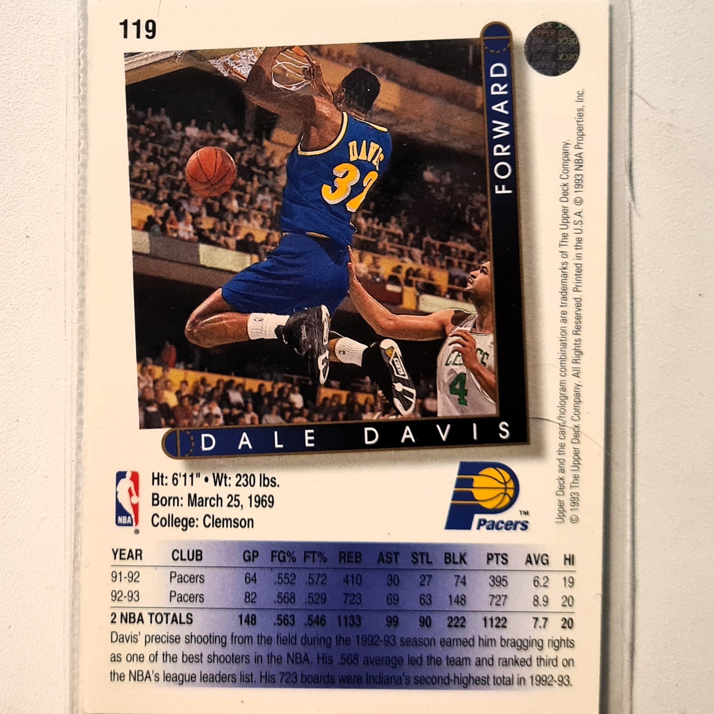 Dale Davis 1993 Upper Deck #119 NBA Basketball Indiana Pacers Excellent Sleeved