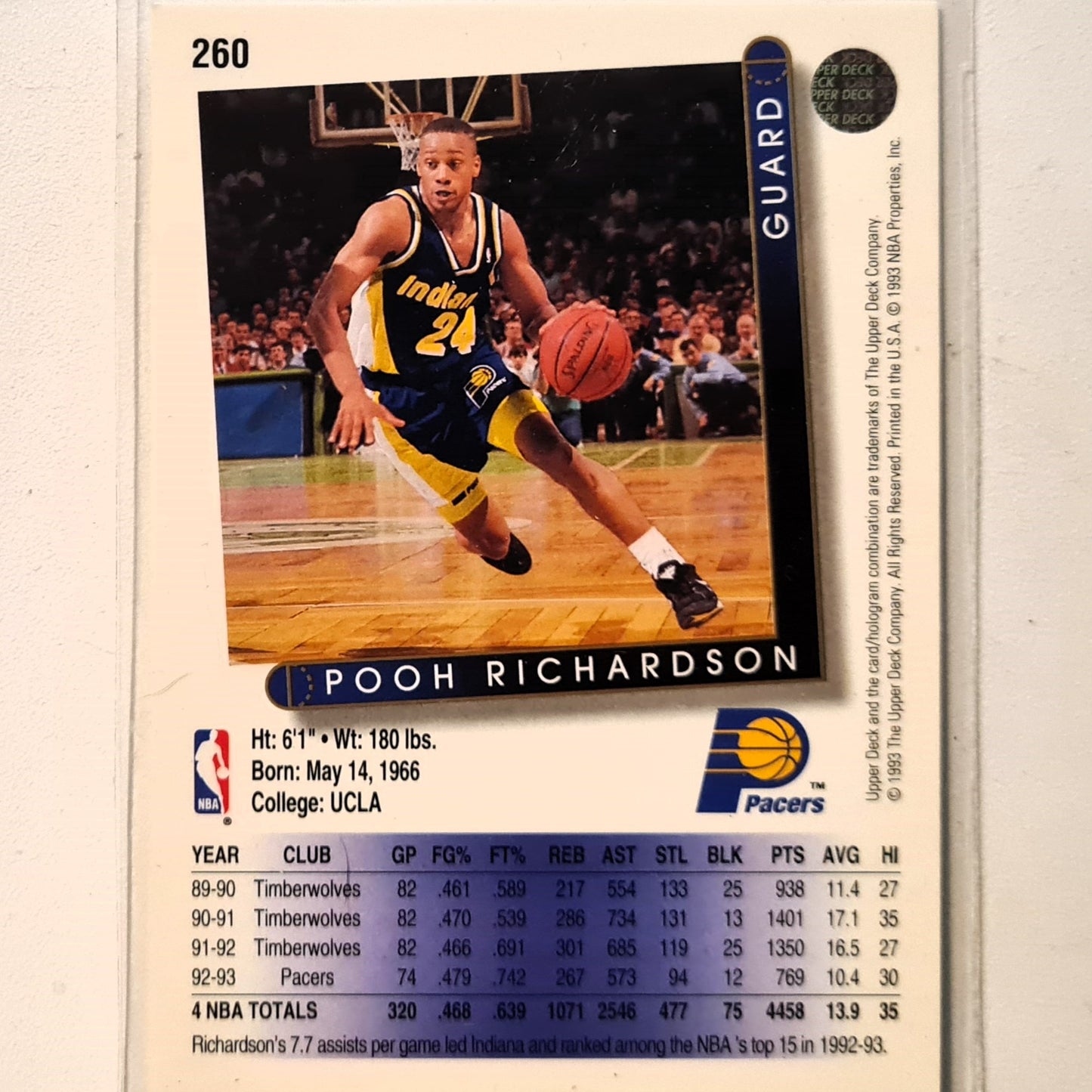 Pooh Richardson 1993 Upper Deck #260 NBA Basketball Indiana Pacers Excellent Sleeved