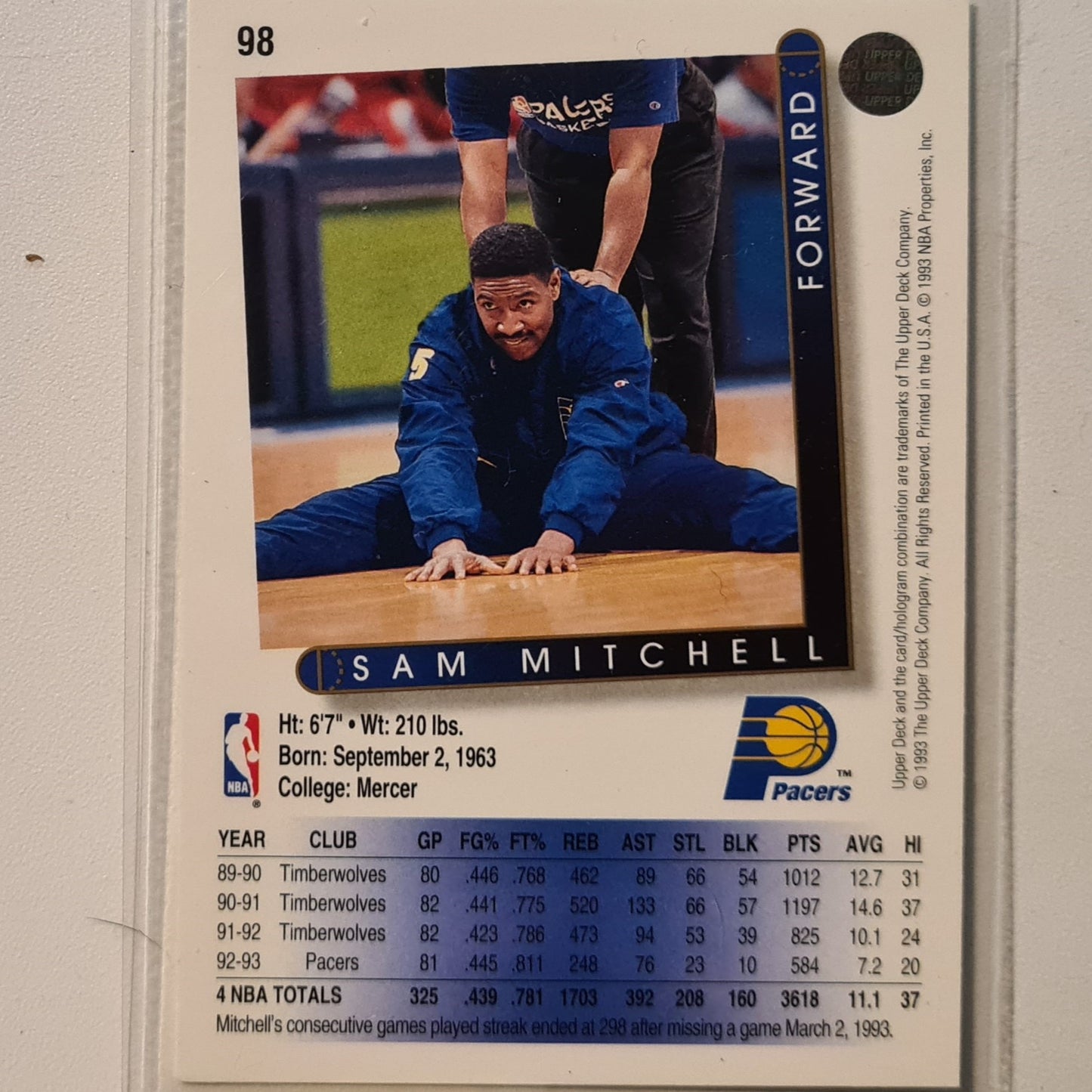 Sam Mitchell 1993 Upper Deck #98 NBA Basketball Indiana Pacers Excellent Sleeved