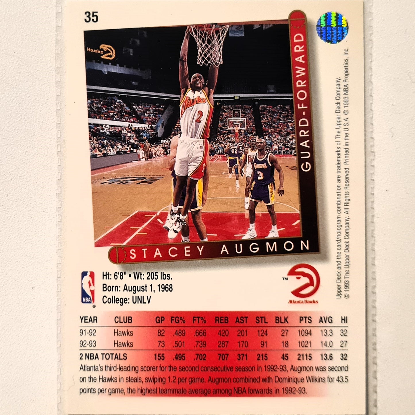 Stacey Augmon 1993 Upper Deck #35 NBA Basketball Atlanta Hawks Excellent Sleeved