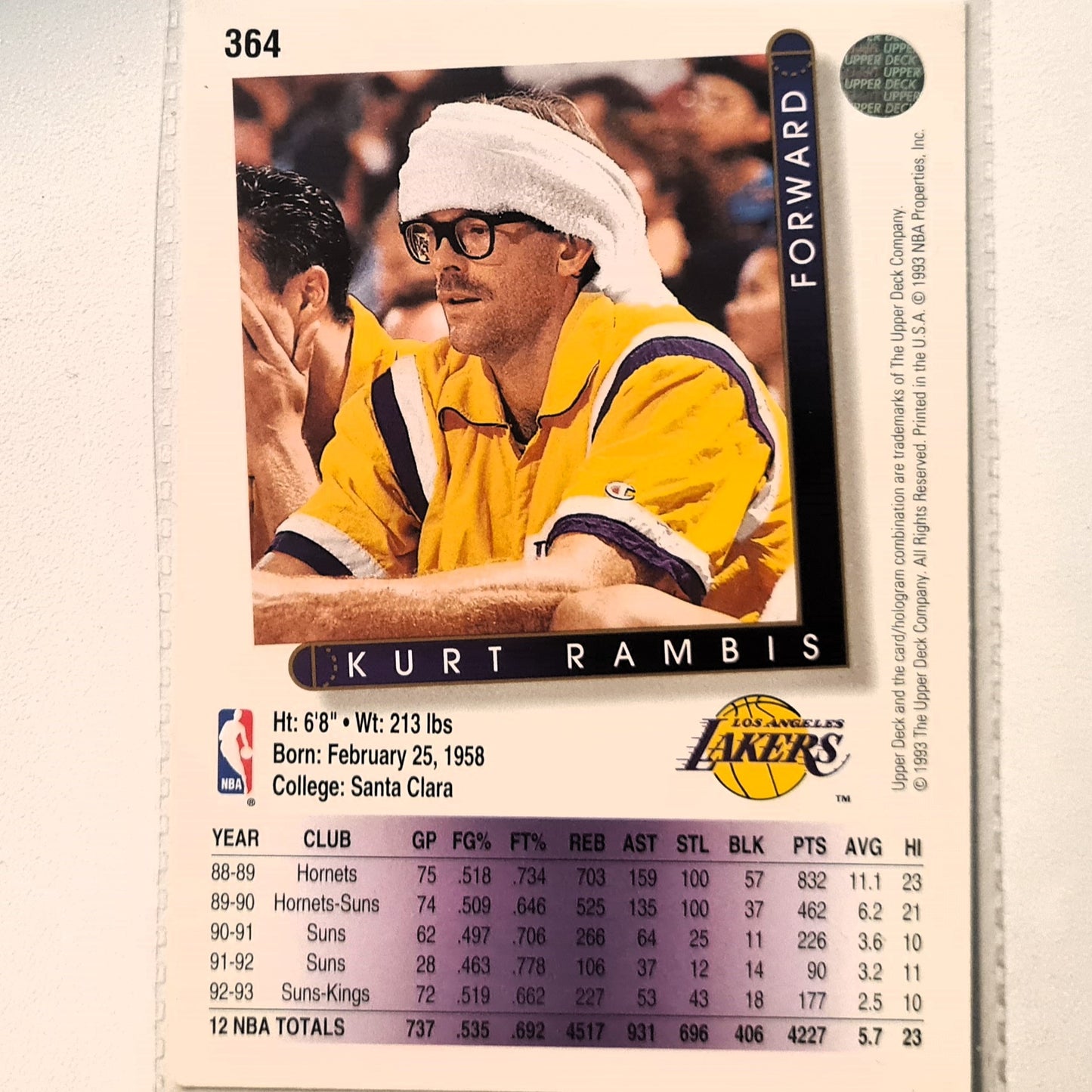 Kurt Rambis 1993 Upper Deck #364 NBA Basketball LA Lakers Excellent Sleeved