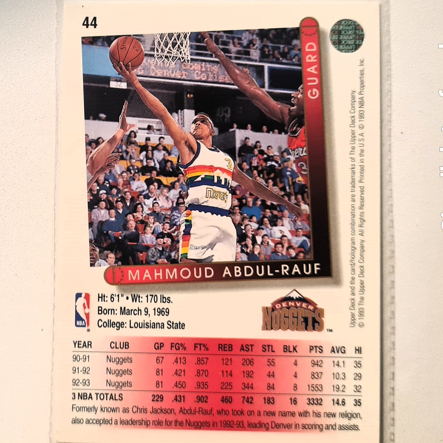 Mahmoud Abdul-Rauf 1993 Upper Deck #44 NBA Basketball Denver Nuggets Excellent Sleeved