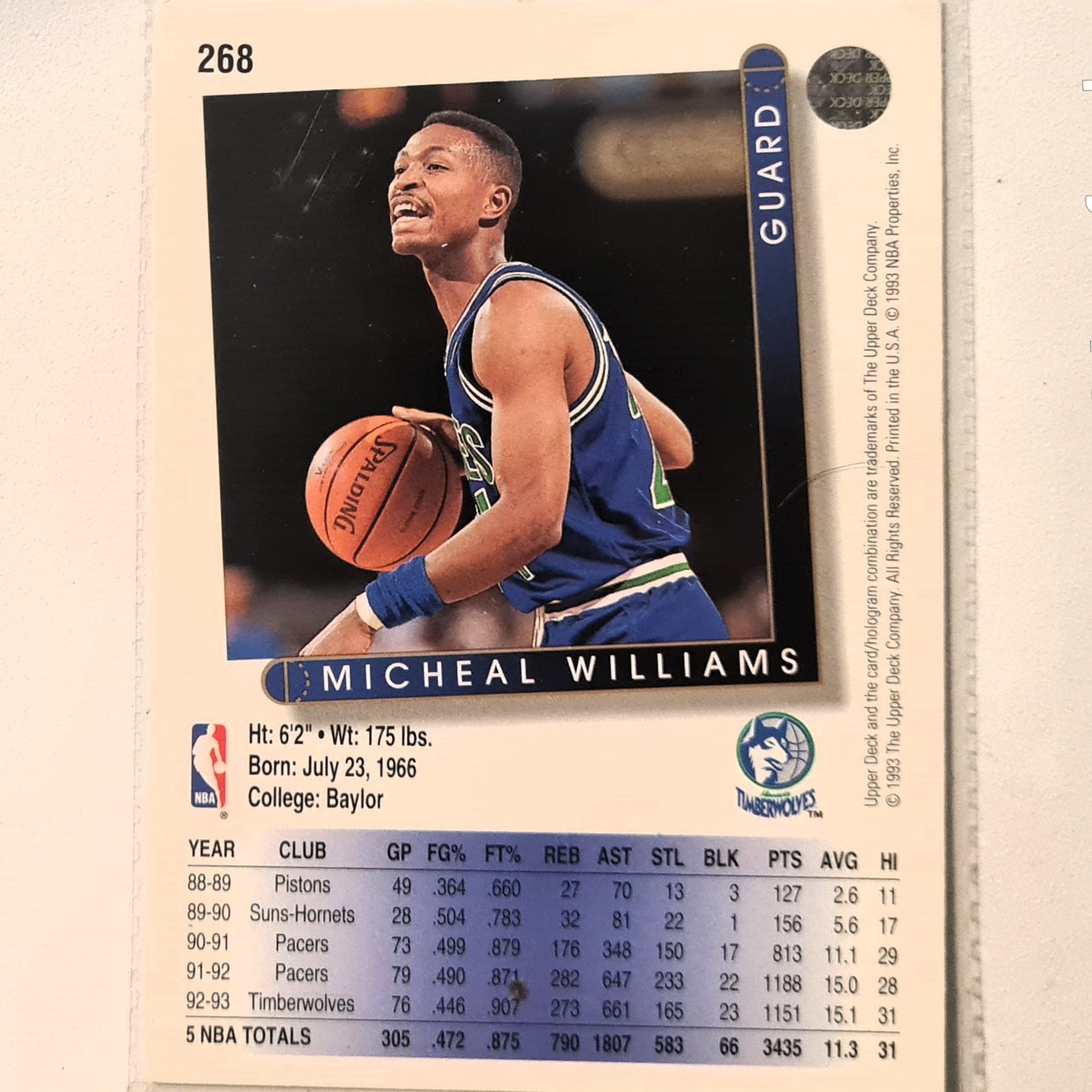 Michael Williams 1993 Upper Deck #268 NBA Basketball Minnesota Timberwolves Excellent Sleeved