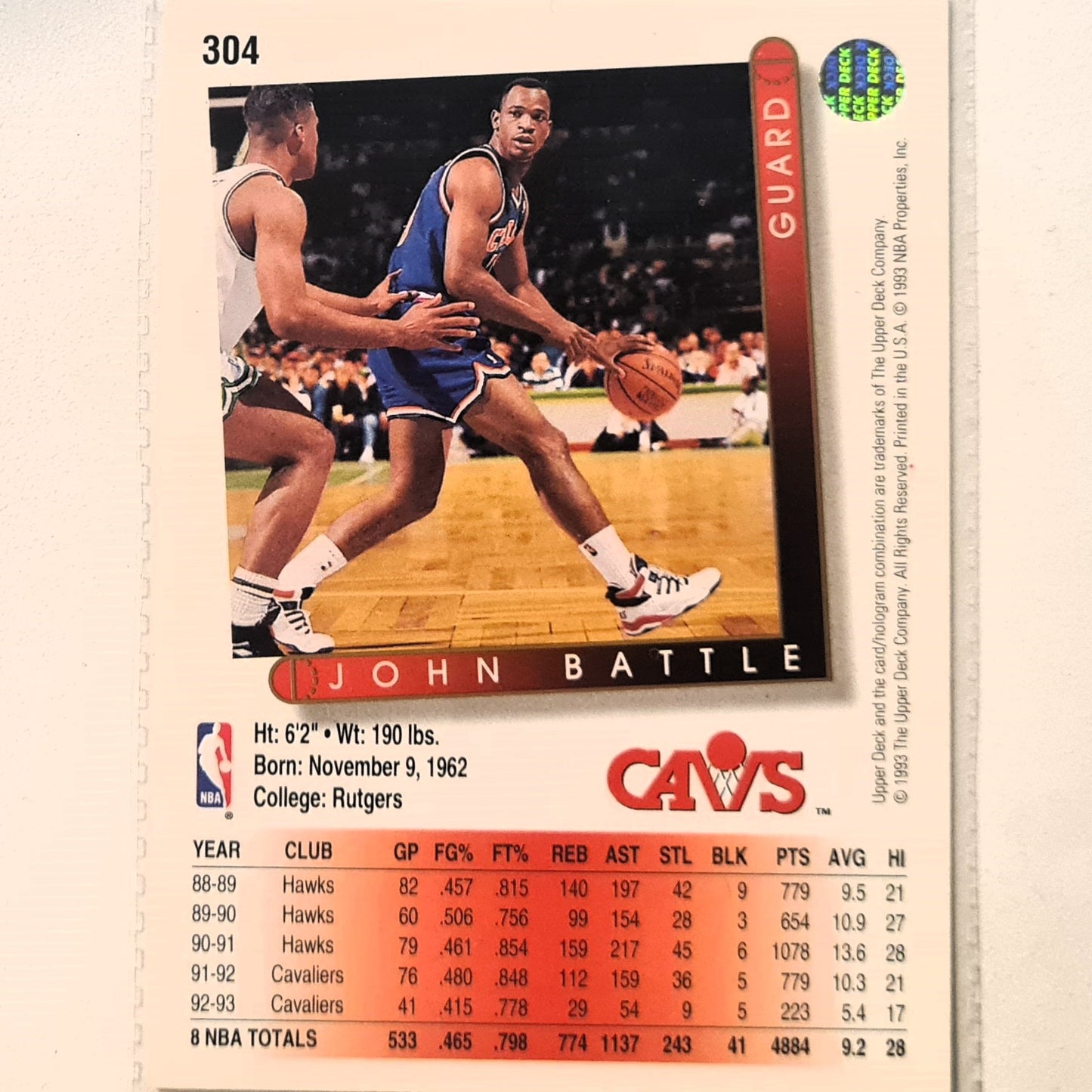 John Battle 1993 Upper Deck #304 NBA Basketball Cleveland Cavaliers Excellent Sleeved