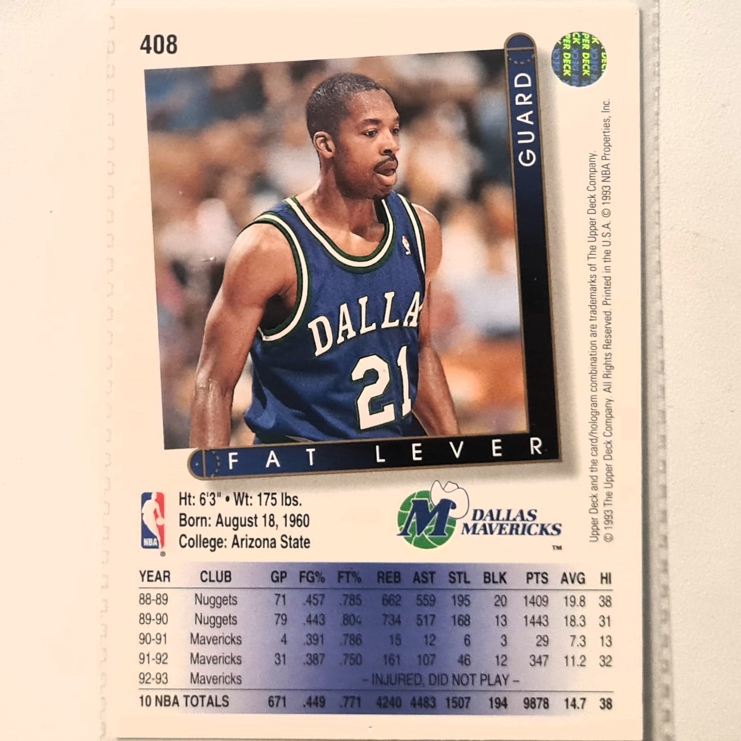 Fat Lever 1993 Upper Deck #408 NBA Basketball Dallas Mavericks Excellent Sleeved