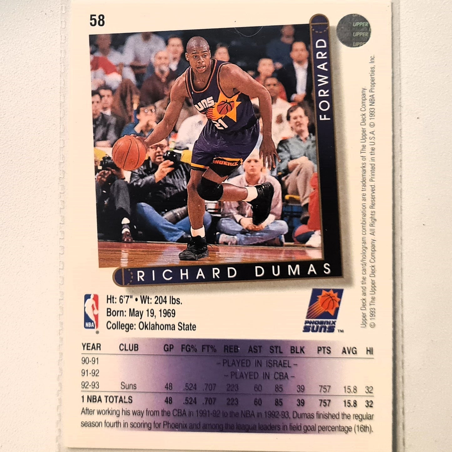 Richard Dumas 1993 Upper Deck #58 NBA Basketball Phoenix Suns Excellent Sleeved