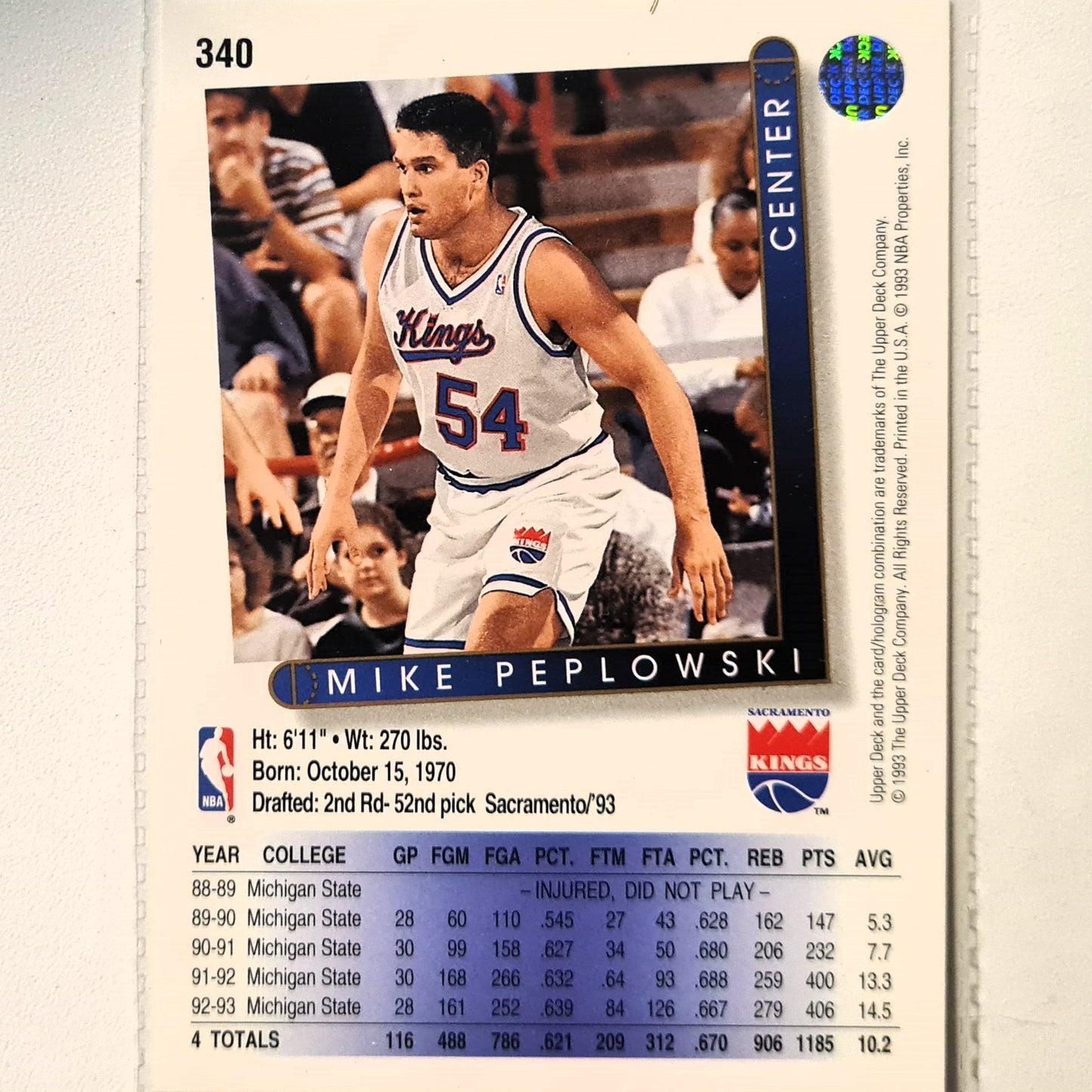 Mike Peplowski 1993 Upper Deck #340 NBA Basketball Sacramento Kings Excellent Sleeved