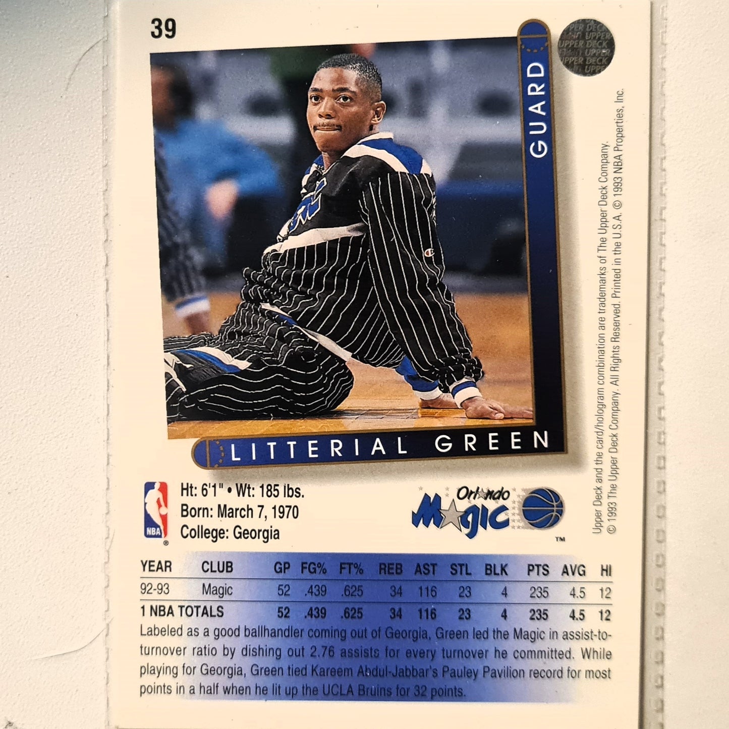 Litterial Green 1993 Upper Deck #39 NBA Basketball Orlando Magic Excellent Sleeved