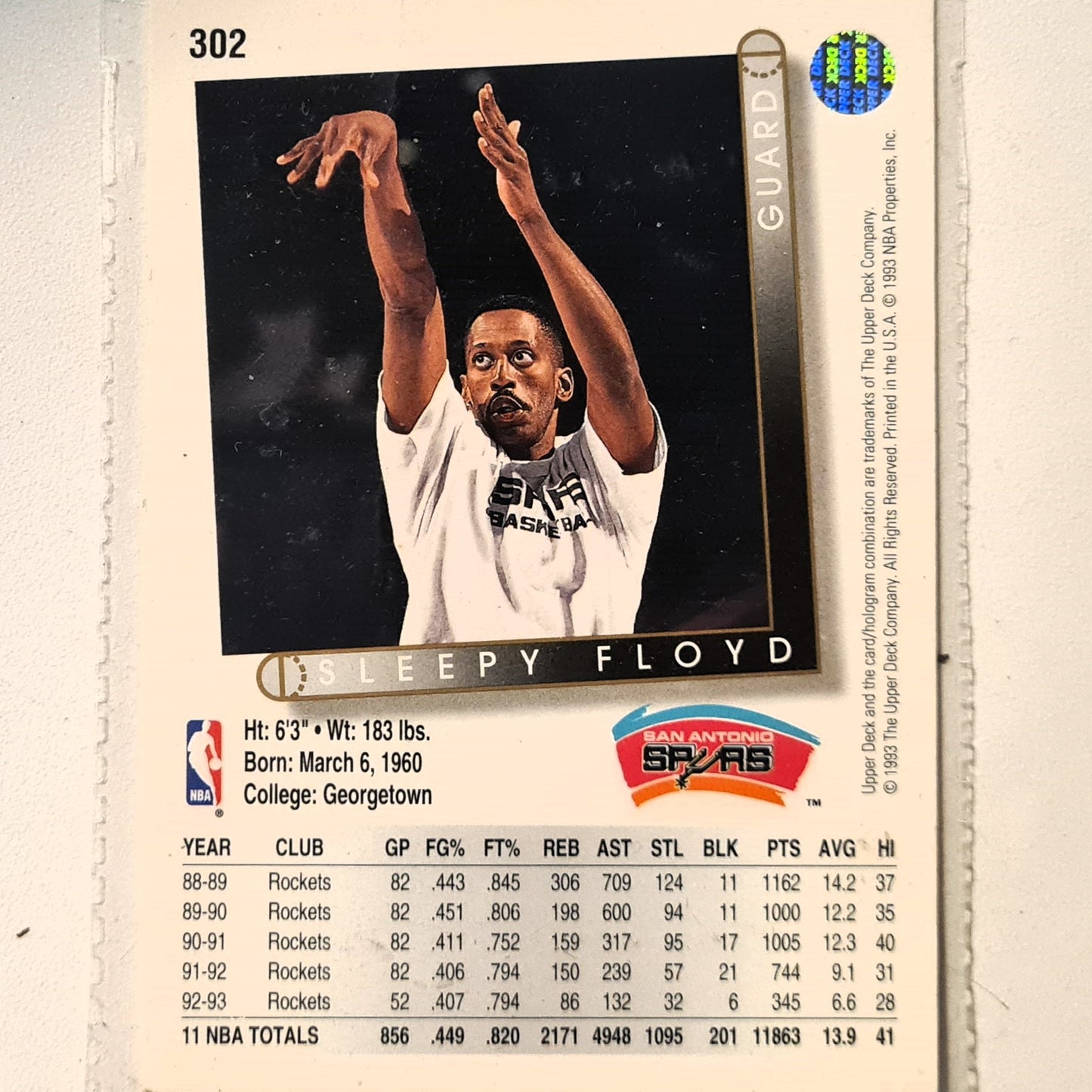 Sleepy Floyd 1993 Upper Deck #302 NBA Basketball San Antonio Spurs Excellent Sleeved