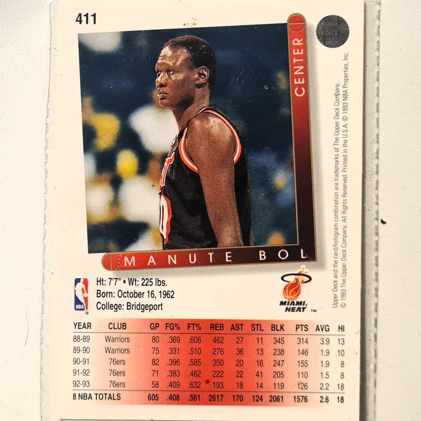 Manute Bol 1993 Upper Deck #411 NBA Basketball Miami Heat Excellent Sleeved