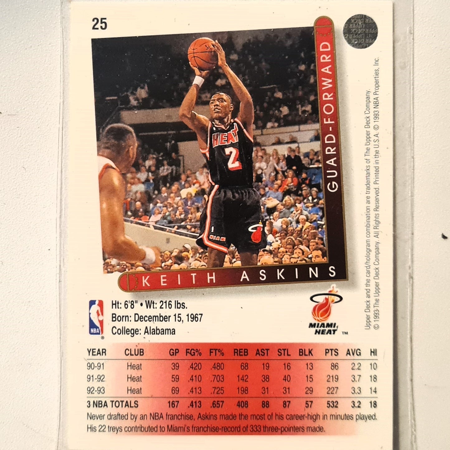Keith Askins 1993 Upper Deck #25 NBA Basketball Miami Heat Excellent Sleeved