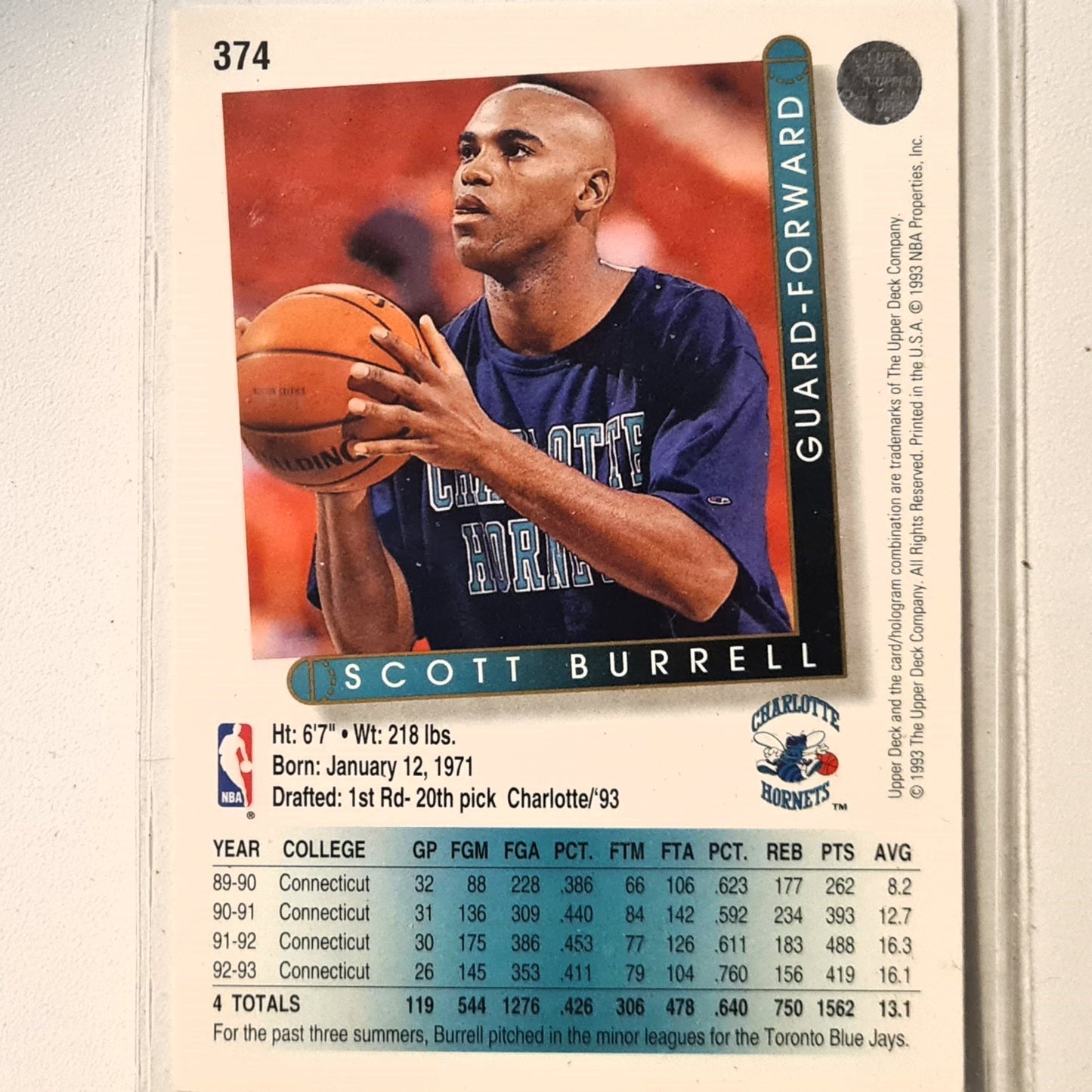 Scott Burrell 1993 Upper Deck #374 NBA Basketball Charlotte Hornets Excellent Sleeved