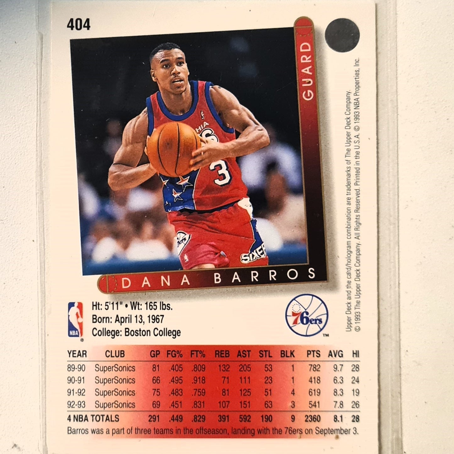 Dana Barros 1993 Upper Deck #404 NBA Basketball Philadelphia 76ers Excellent Sleeved