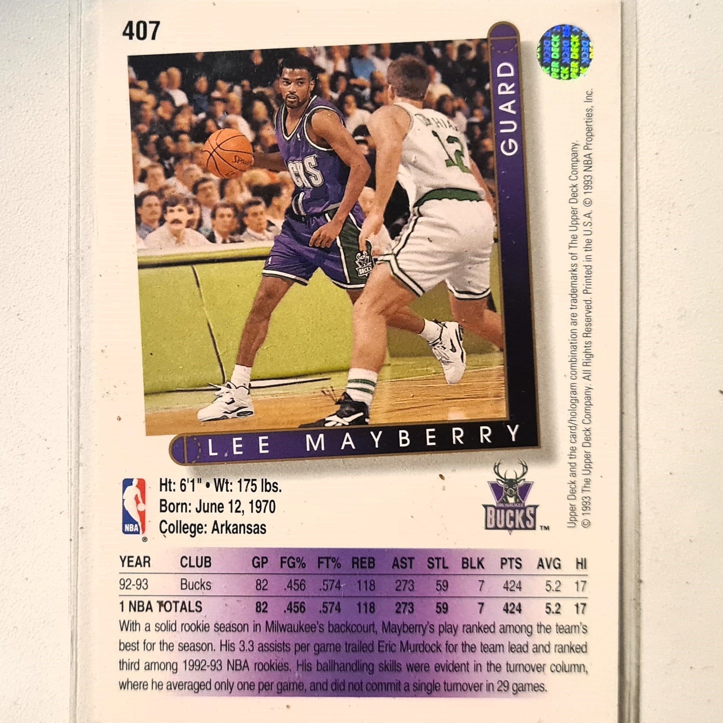 Lee Mayberry 1993 Upper Deck #407 NBA Basketball Milwaukee Bucks Excellent Sleeved