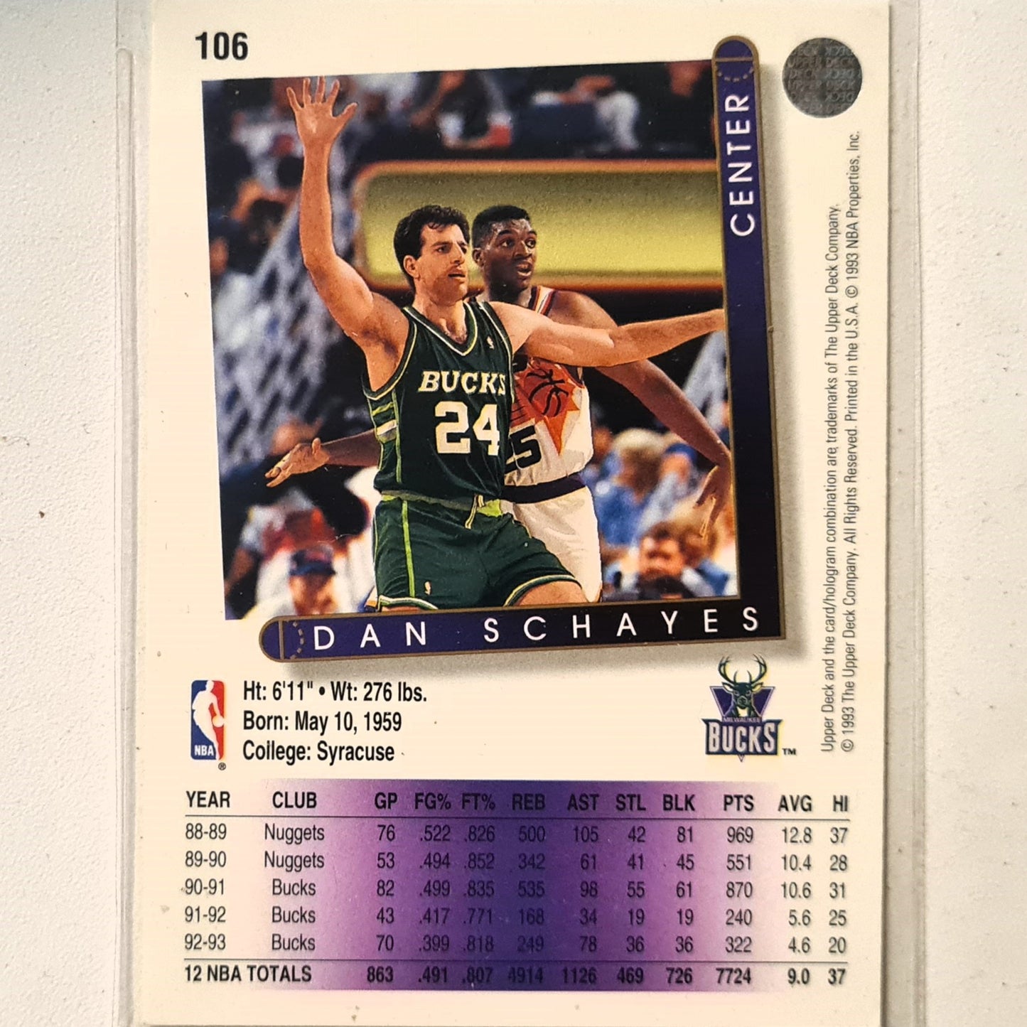 Dan Schayes 1993 Upper Deck #106 NBA Basketball Milwaukee Bucks Excellent Sleeved