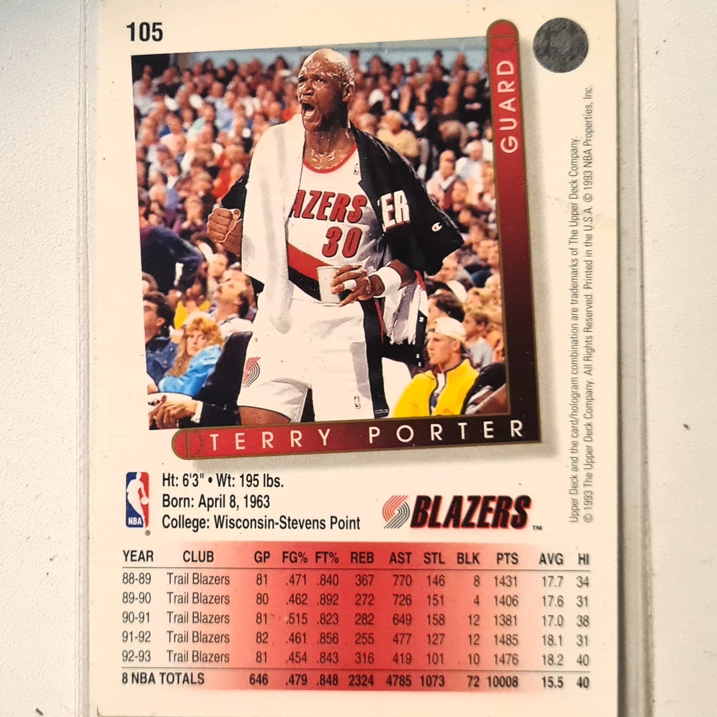 Terry Porter 1993 Upper Deck #105 NBA Basketball Portland Trail Blazers Excellent Sleeved