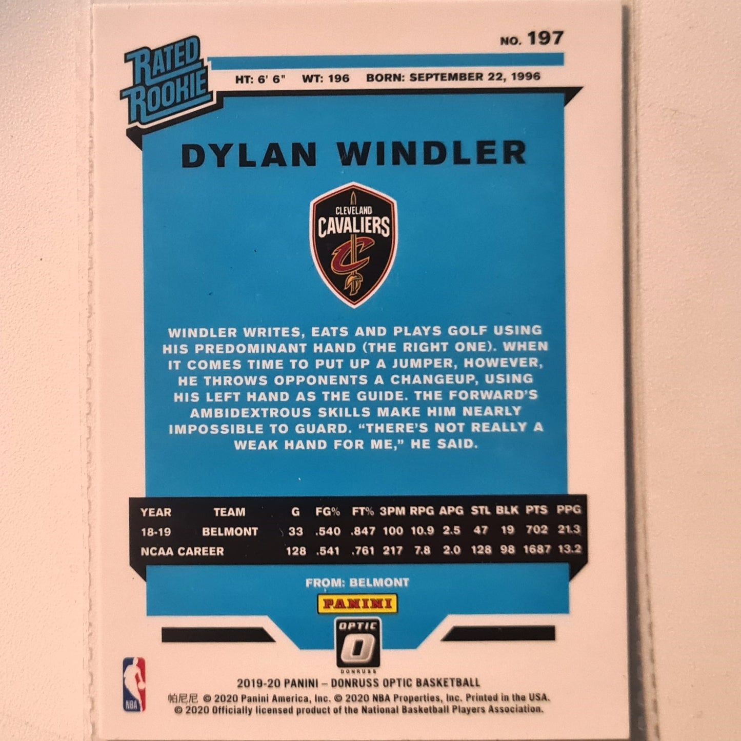 Dylan Windler 2018-19 Panini Donruss Optic rated rookie RC #197 NBA Basketball Cleveland Cavaliers Excellent/mint Sleeved