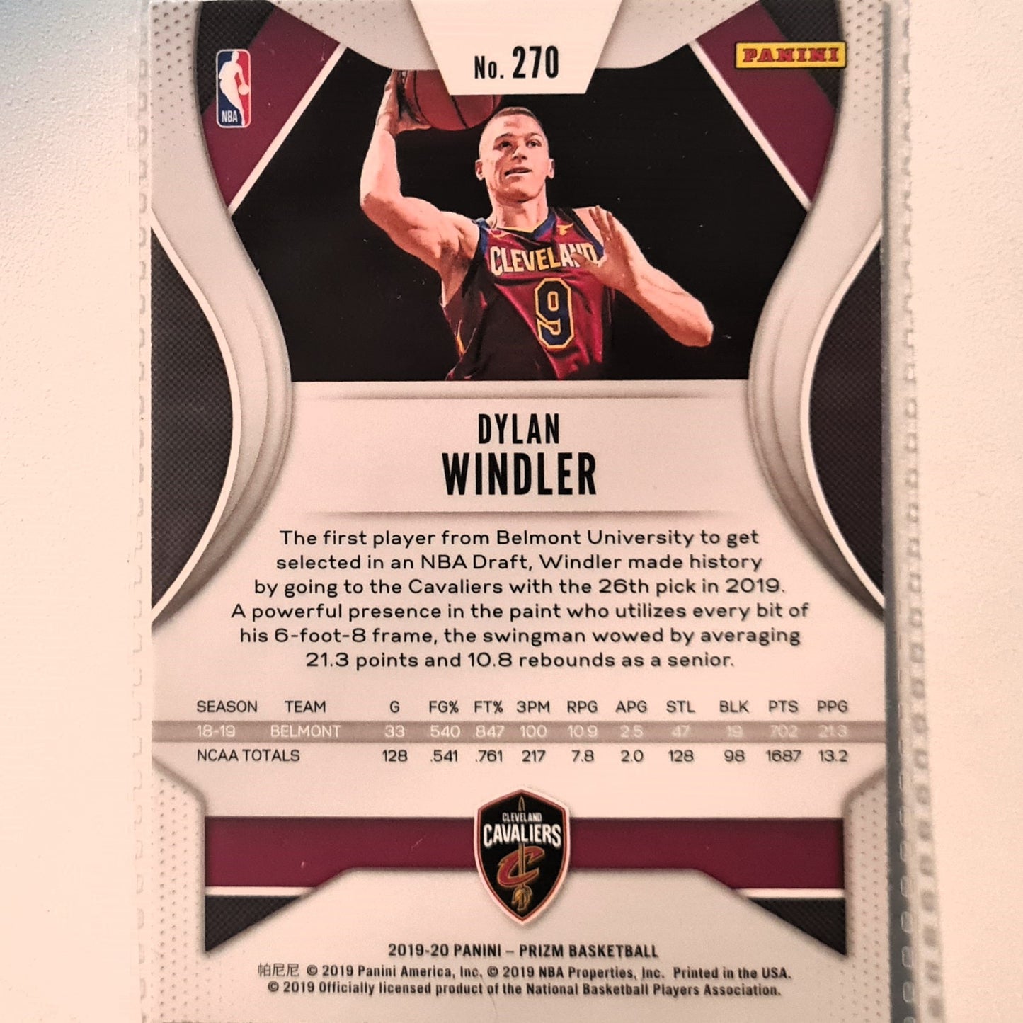 Dylan Windler 2018-19 Panini Prizm rookie RC #270 NBA Basketball Cleveland Cavaliers Excellent/mint Sleeved