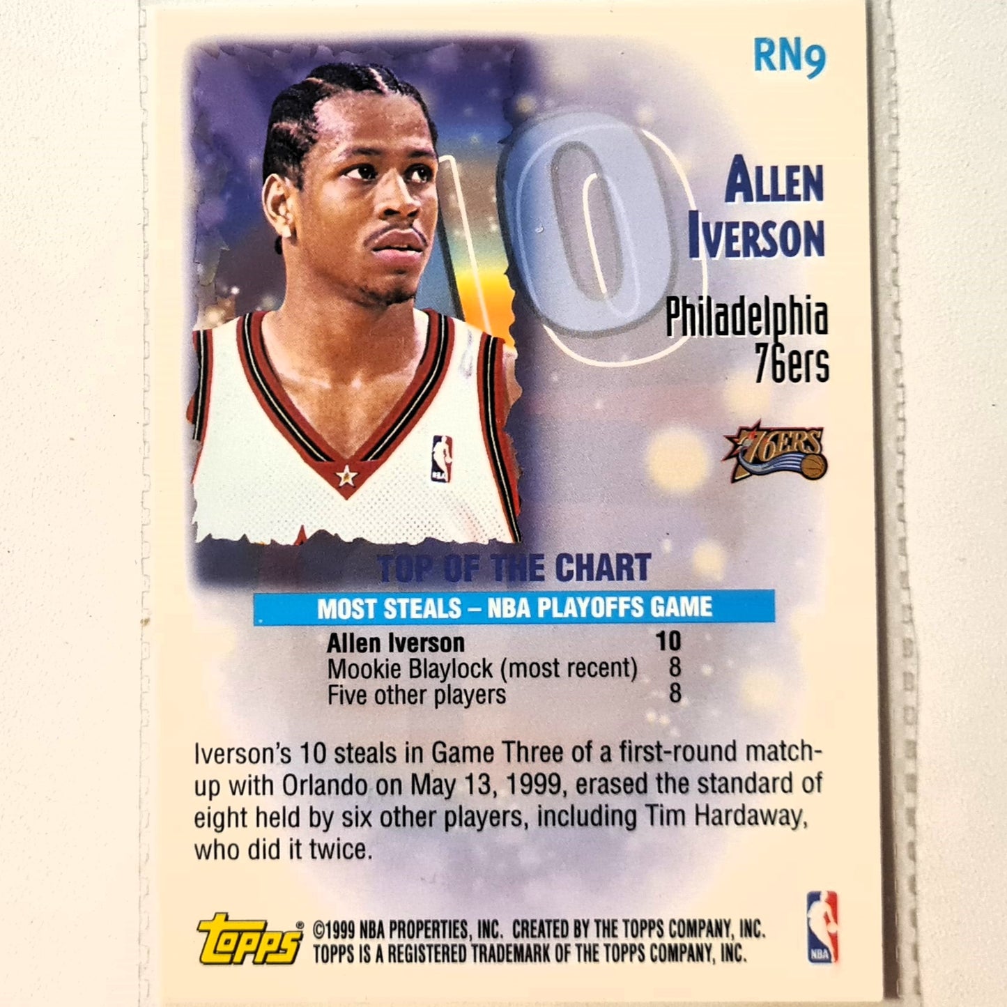 Allen Iverson 1999 Topps record numbers RN9 NBA Basketball Philadelphia 76ers Very good sleeved