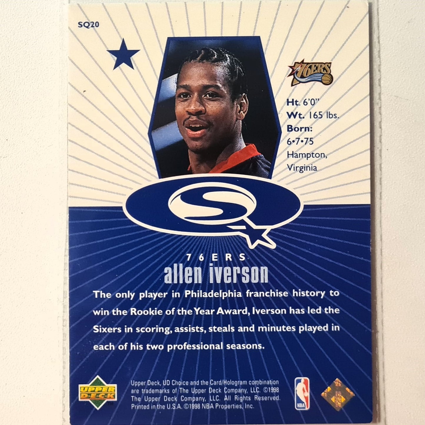 Allen Iverson 1998 Upper-Deck Blue Starquest #SQ20 NBA Basketball Philadelphia 76ers Fair sleeved