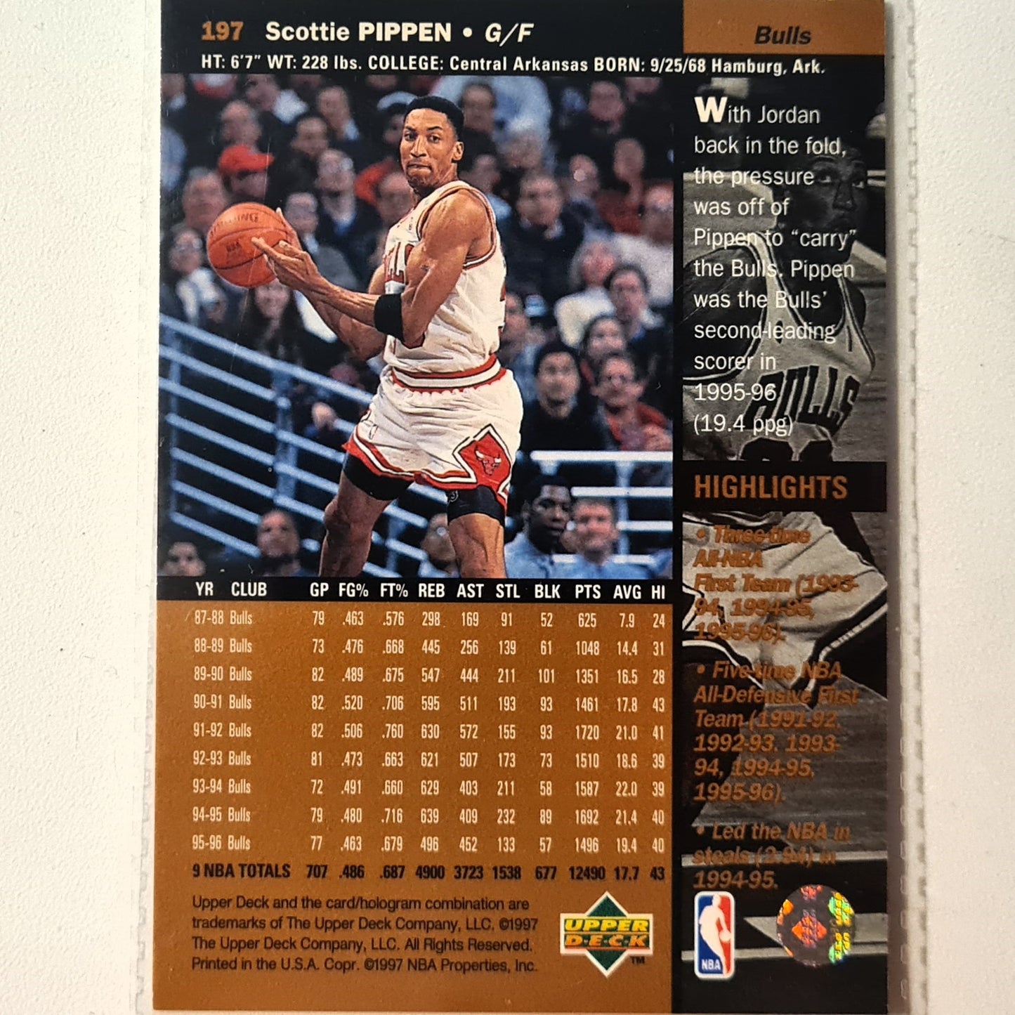 Scottie Pippen 1997 Upper-Deck #197 NBA Basketball Chicago Bulls Very good sleeved