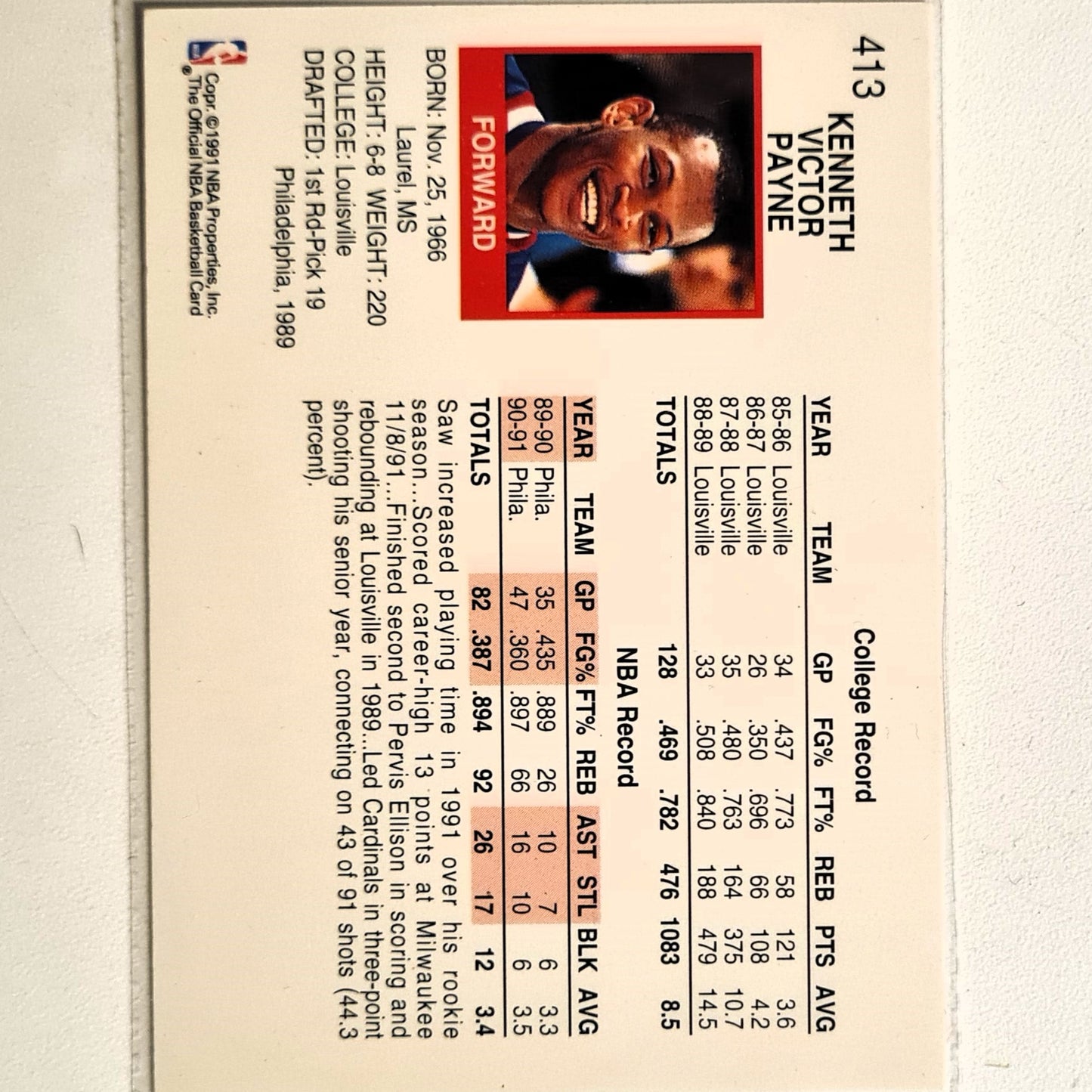 Kenny Payne 1991 NBA Hoops #413 NBA Basketball Philadelphia 76ers Excellent Sleeved