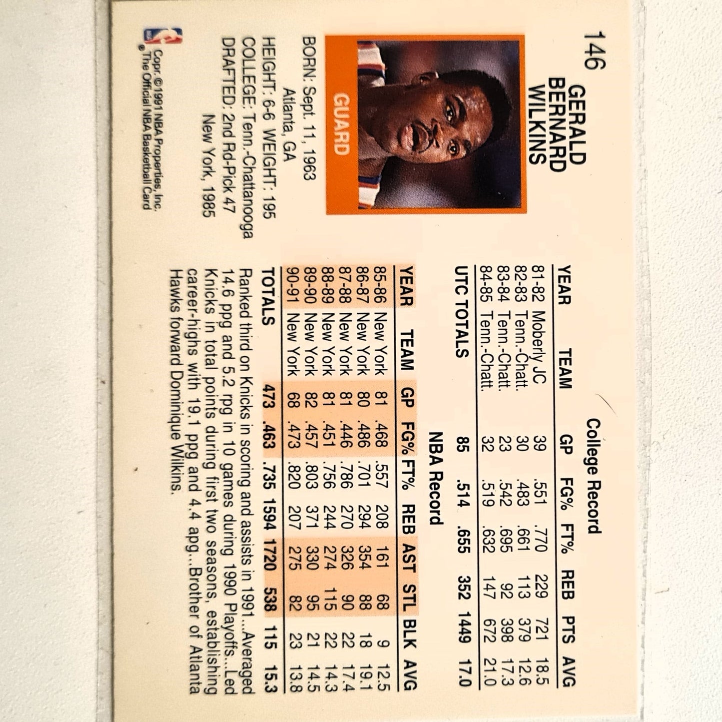 Gerald Wilkins 1991 NBA Hoops #146 NBA Basketball new York Knicks Excellent Sleeved
