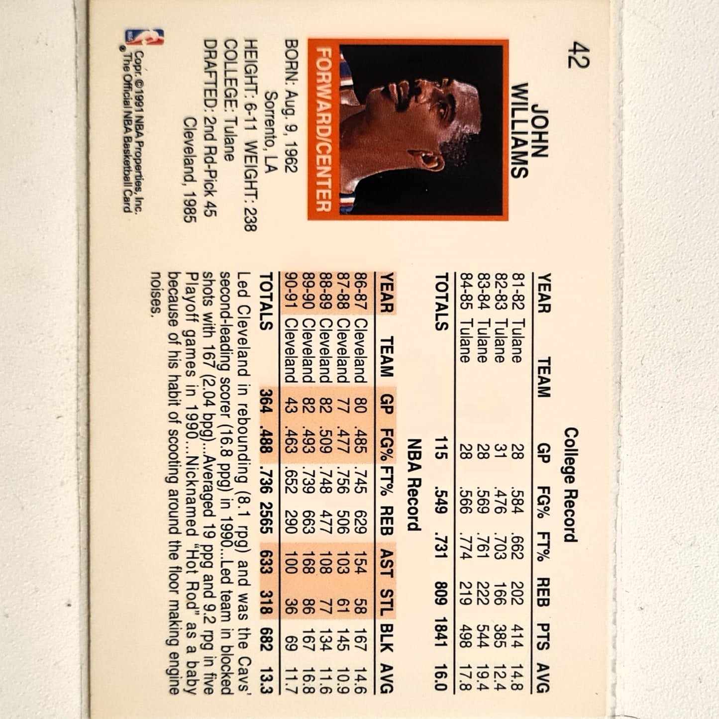 John Williams 1991 NBA Hoops #42 NBA Basketball Cleveland Cavaliers Excellent Sleeved