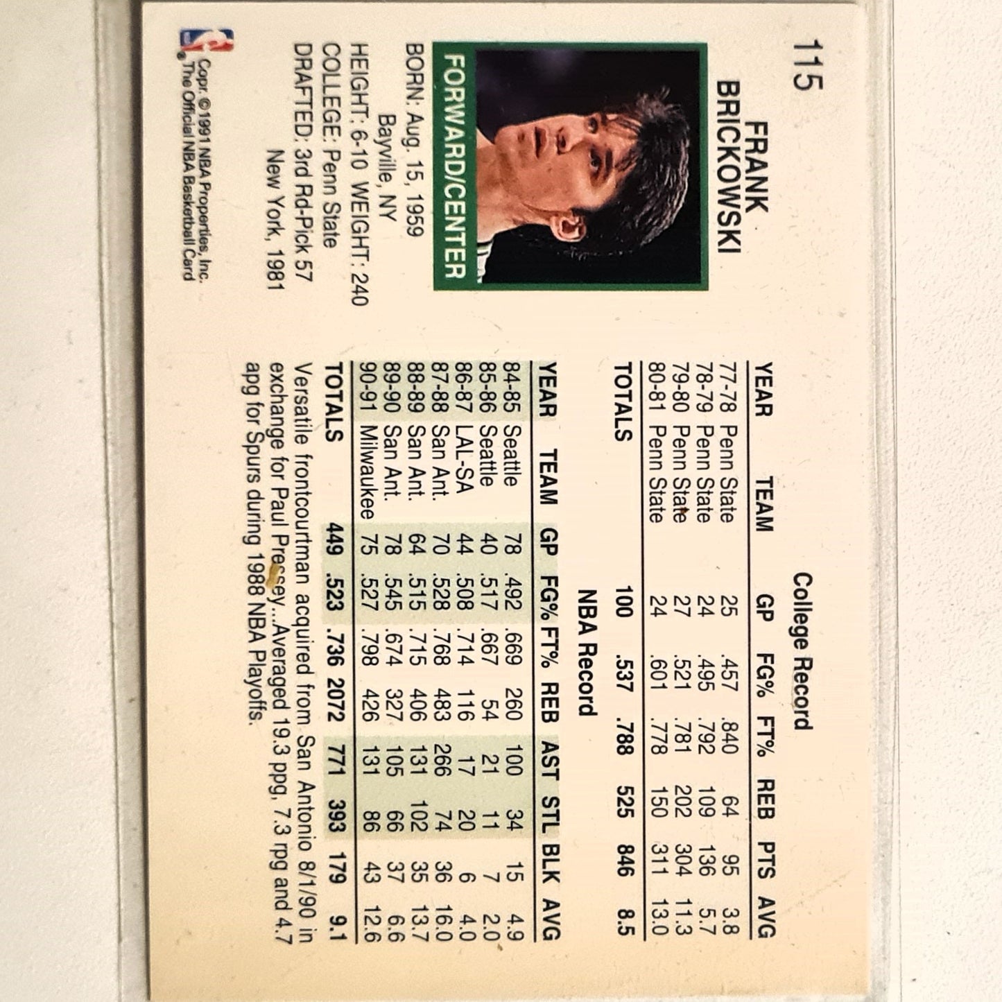 Frank Brickowski 1991 NBA Hoops #115 NBA Basketball Milwaukee bucks Excellent Sleeved
