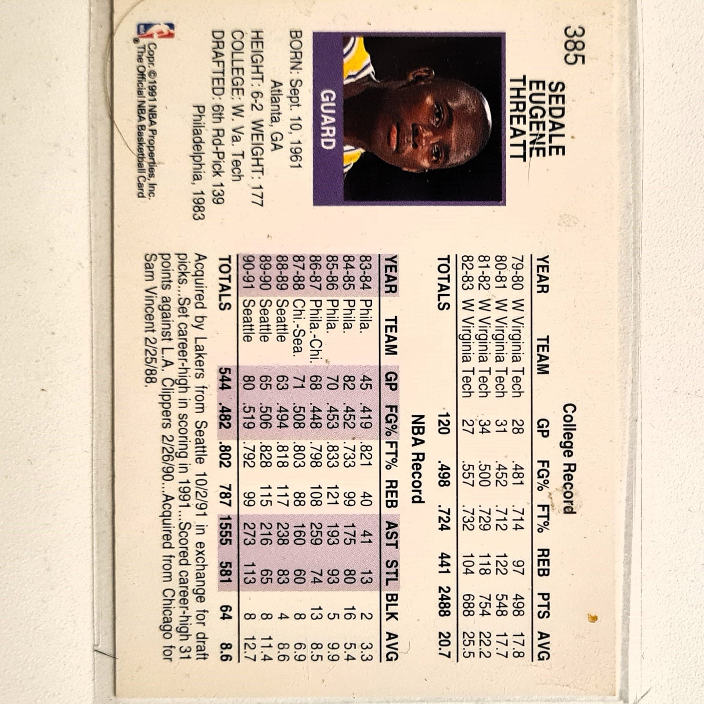 Sedale Threatt 1991 NBA Hoops #385 NBA Basketball LA Lakers Excellent Sleeved