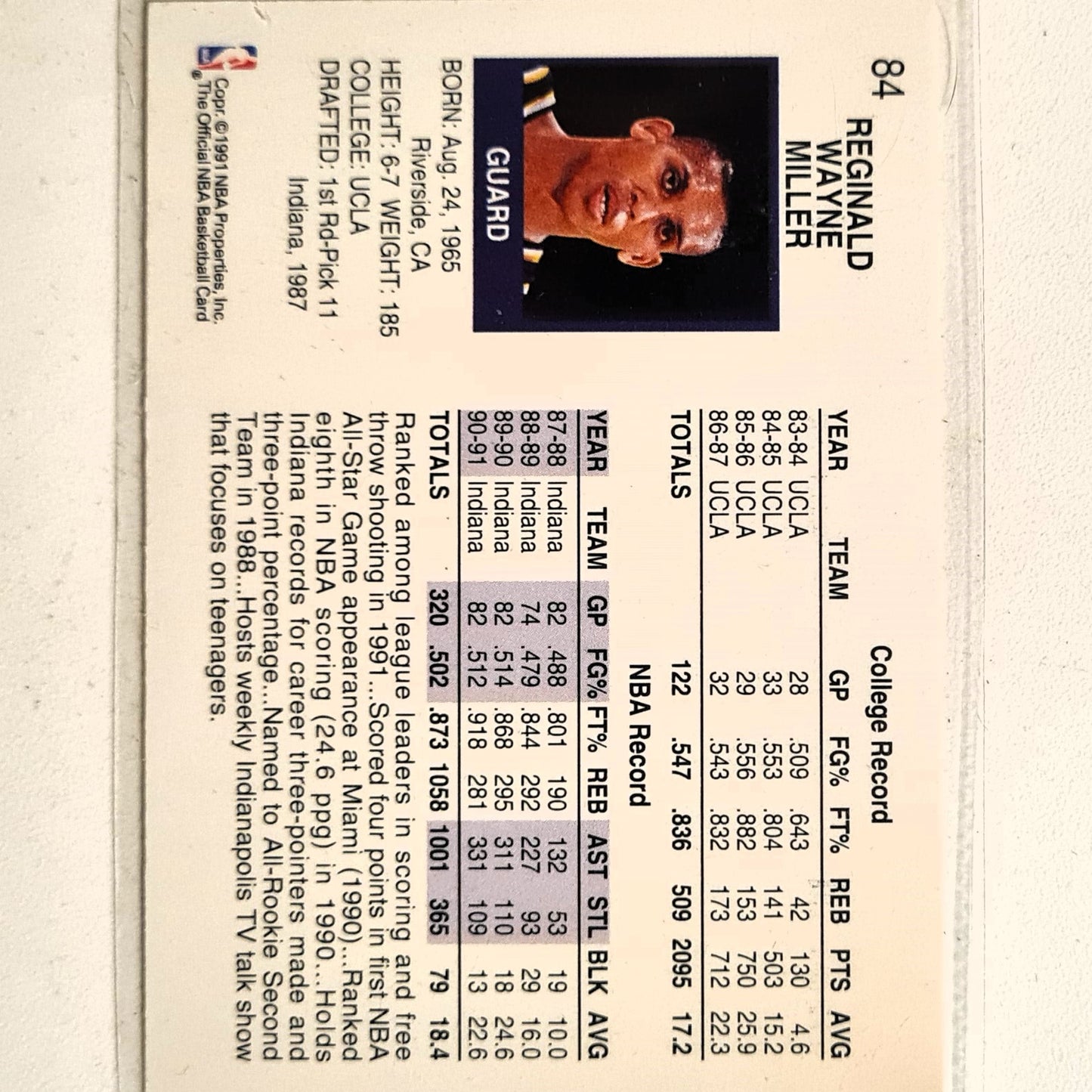 Reggie Miller 1991 NBA Hoops #84 NBA Basketball Indiana Pacers Excellent Sleeved
