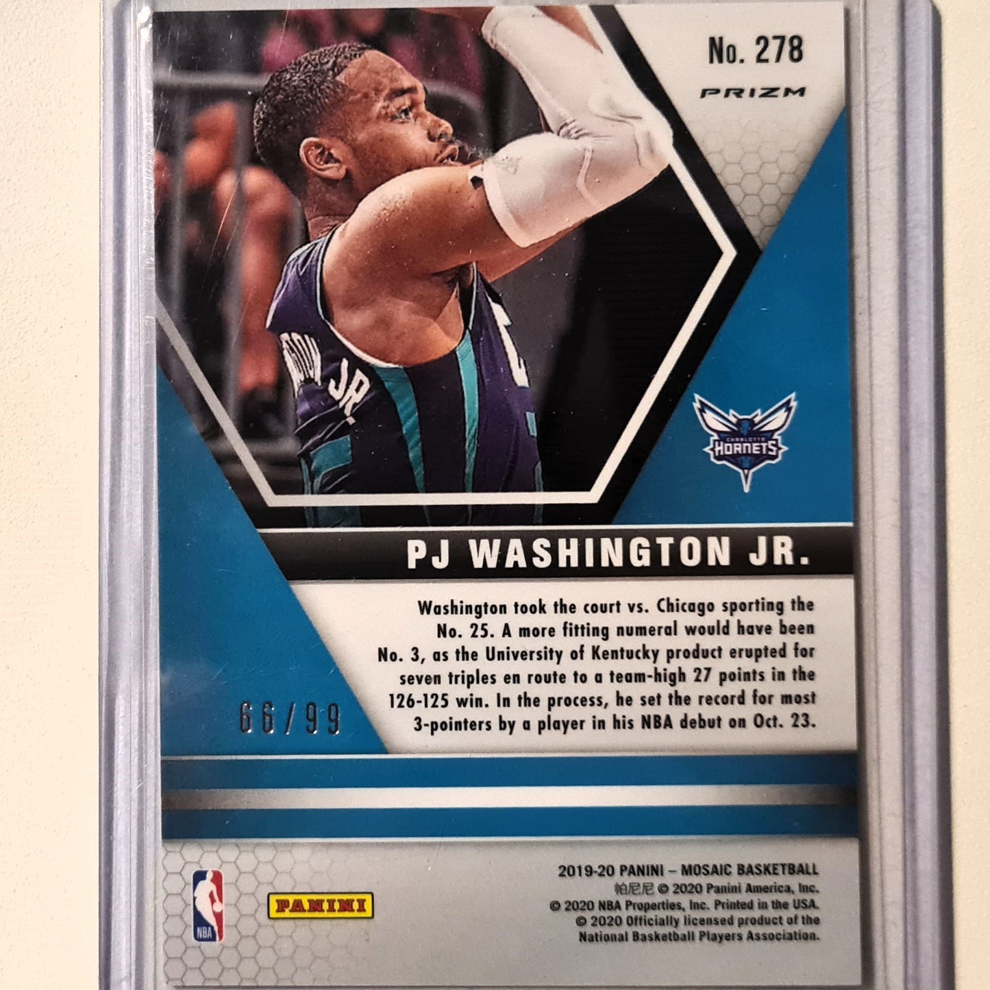 PJ Washington Jr 2019-20 Panini Mosaic NBA Debut Blue prizm Rookie RC 66/99 #278 NBA Basketball Charlotte Hornets mint sleeved