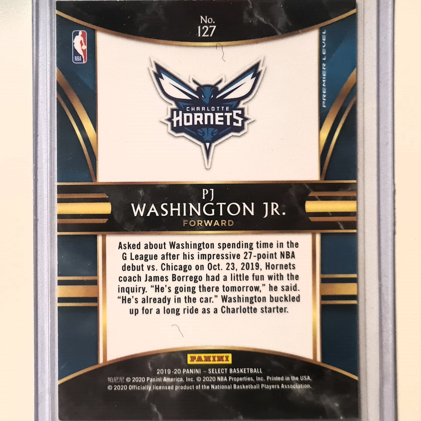 PJ Washington Jr 2019-20 Panini Select premier level Rookie RC #127 NBA Basketball Charlotte Hornets mint sleeved