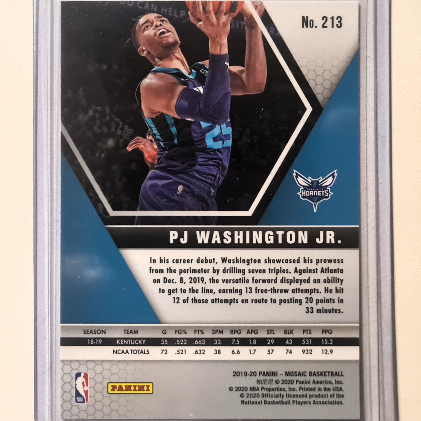 PJ Washington Jr 2019-20 Panini Mosaic #213 NBA Basketball Charlotte Hornets mint sleeved