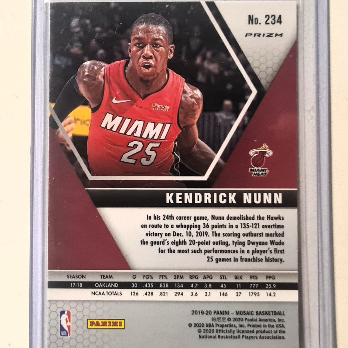 Kendrick Nunn Panini Mosaic orange/Blue/purple reactive prizm Rookie RC #234 NBA Basketball Miami Heat Mint Sleeved