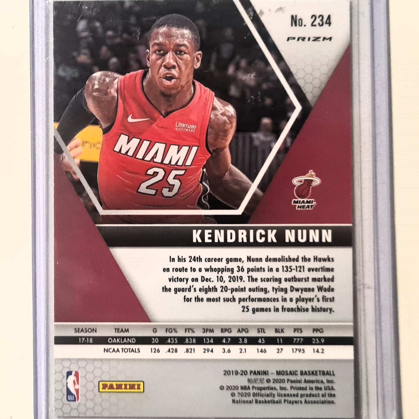 Kendrick Nunn Panini Mosaic pink prizm Rookie RC #234 NBA Basketball Miami Heat Mint Sleeved