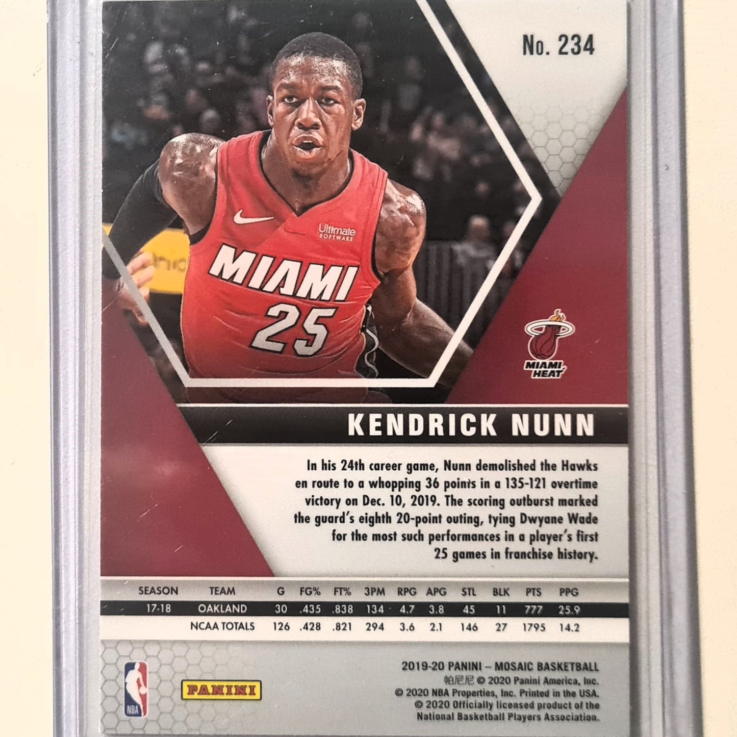 Kendrick Nunn Panini Mosaic Rookie RC #234 NBA Basketball Miami Heat Mint Sleeved