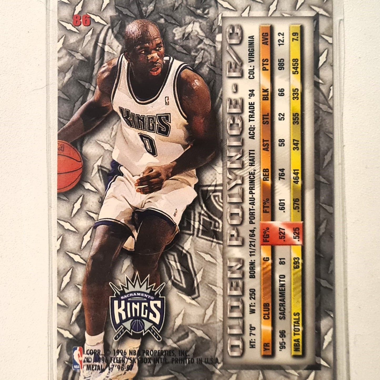 Olden Polynice 1996 Fleer metal 96-97 #86 NBA Basketball Sacramento Kings Excellent sleeved