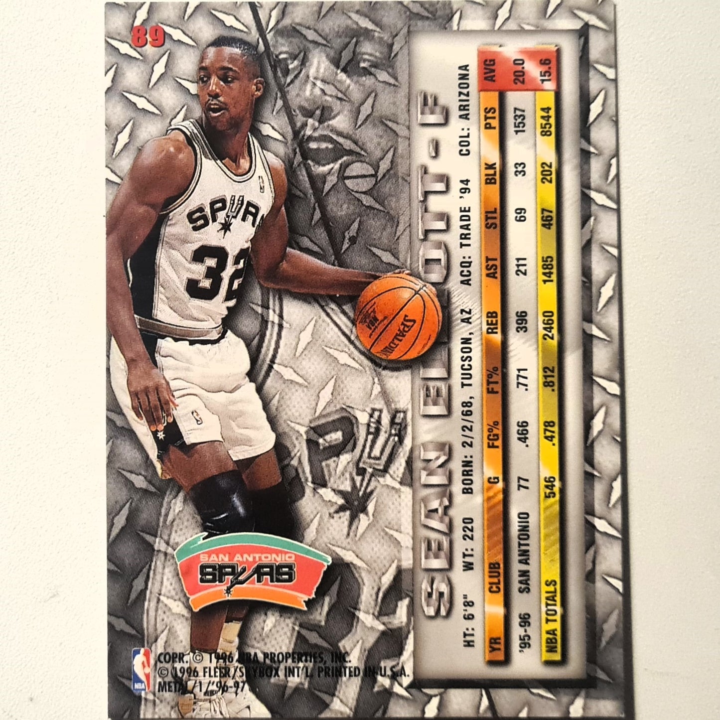 Sean Elliott 1996 Fleer metal 96-97 #89 NBA Basketball San Antonio Spurs Excellent sleeved