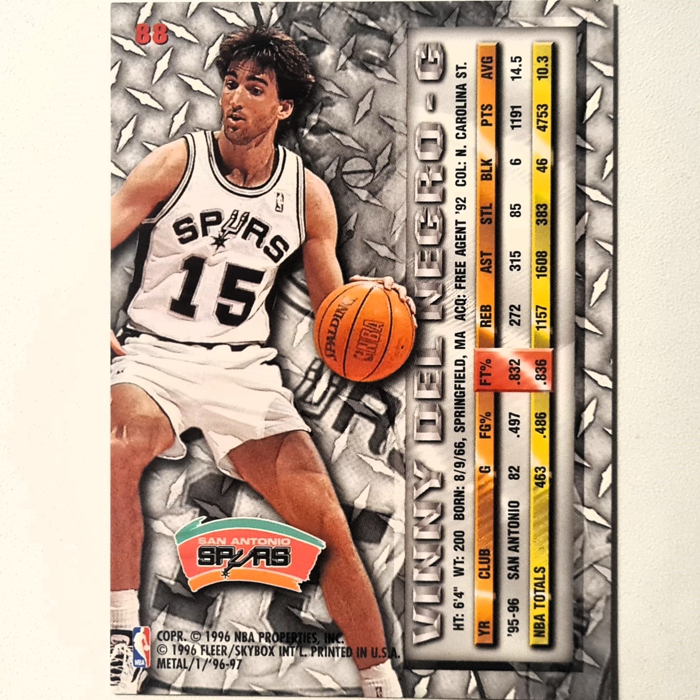 Vinny Del Negro 1996 Fleer metal 96-97 #88 NBA Basketball San Antonio Spurs Excellent sleeved