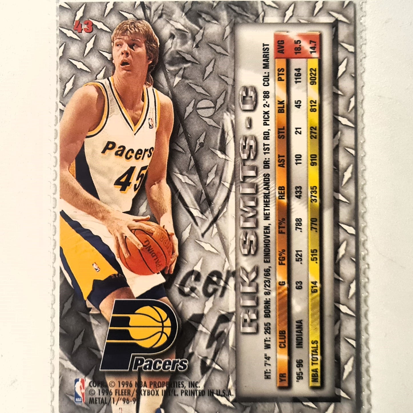 Rik Smits 1996 Fleer metal 96-97 #43 NBA Basketball Indiana Pacers Excellent sleeved