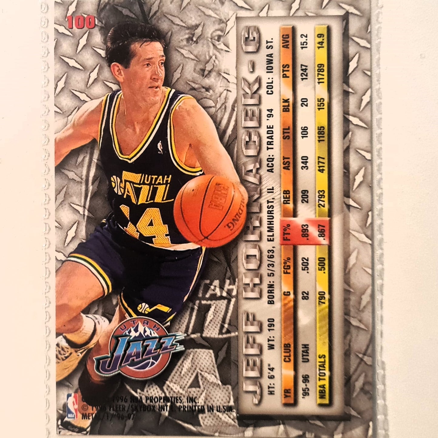 Jeff Hornacek 1996 Fleer metal 96-97 #100 NBA Basketball Utah Jazz Excellent sleeved