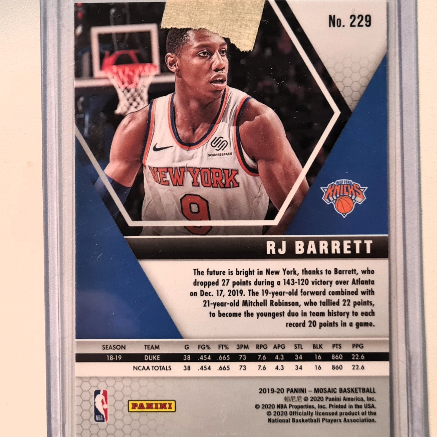 RJ Barrett 2019-20 Panini Mosaic Rookie RC #229 NBA Basketball New York Knicks excellent Sleeved