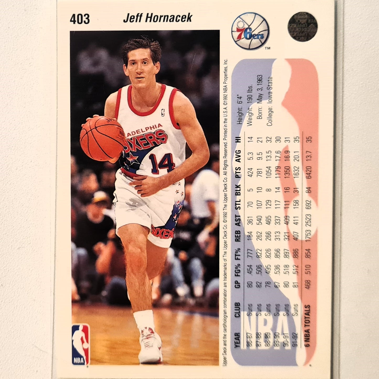 Jeff Hornacek 1992 Upper-Deck #403 NBA Basketball Philadelphia 76ers excellent Sleeved