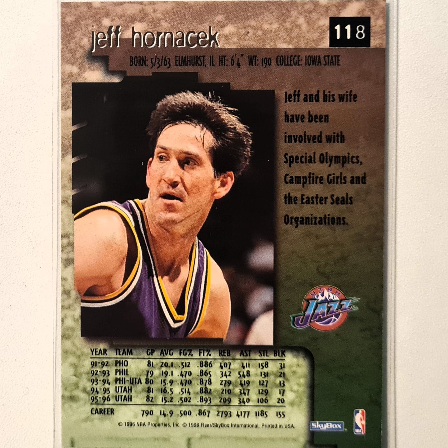 Jeff Hornacek 1996 Skybox Premium #118 NBA Basketball Utah Jazz excellent Sleeved